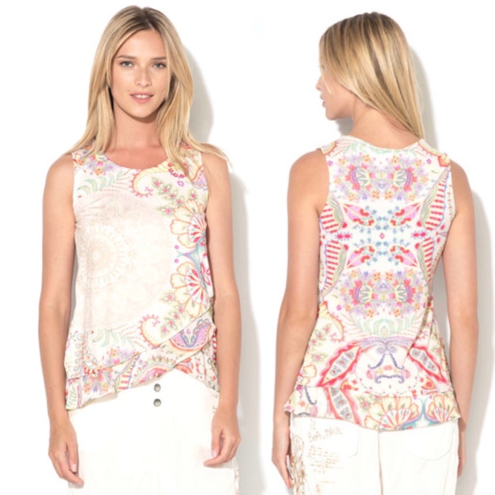 Desigual Sleeveless Top Woman’s Small Colorful Graphic Ruffle Hem Mixed Fabrics
